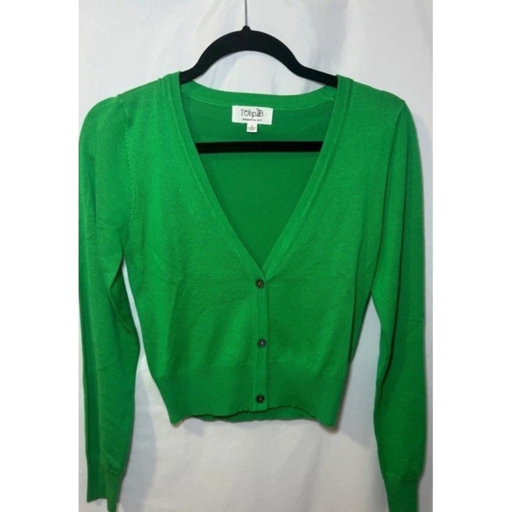 Tulip B Cropped Button Front Cardigan Women's  Small  GreenV-Neck Preppy